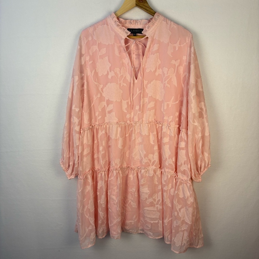 Eloquii Pink Floral Gauzy Tiered Ruffle Dress